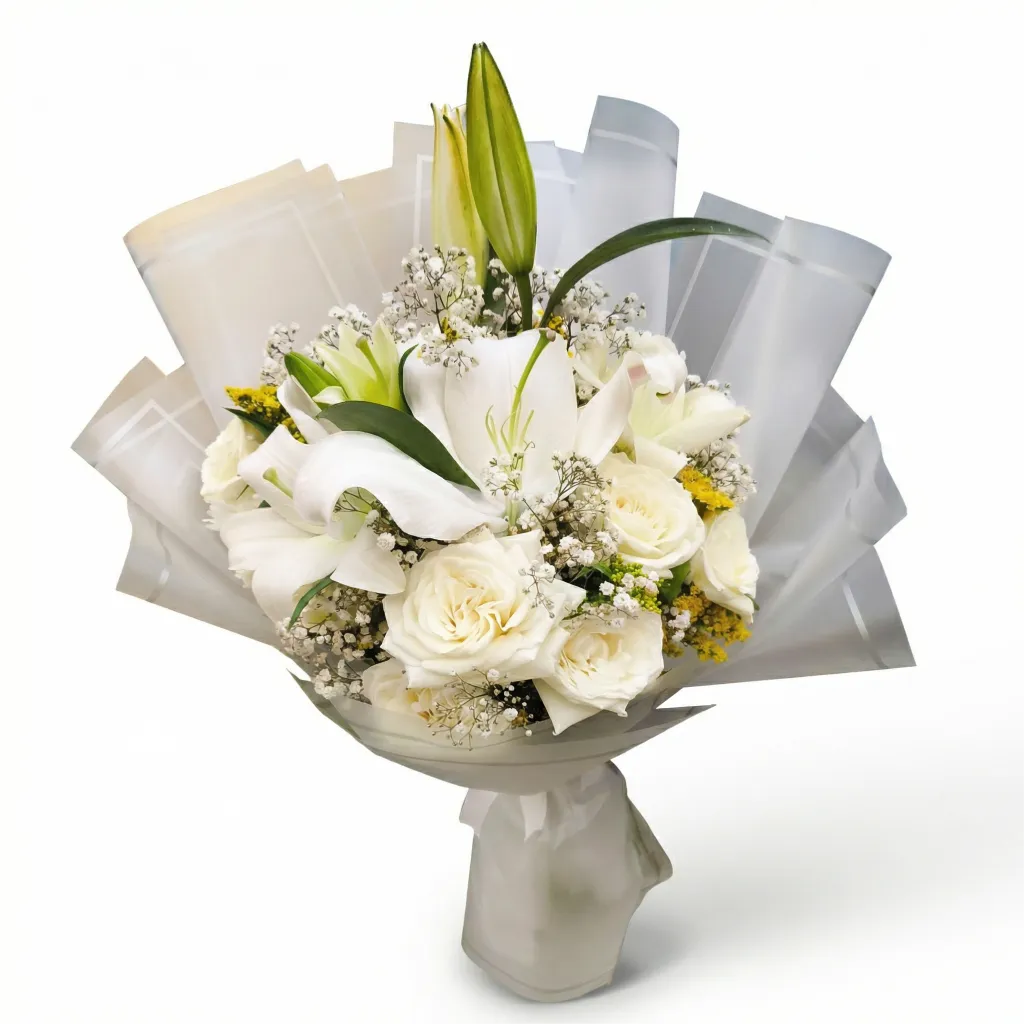 10 White Roses &amp; 2 Lilies &amp; Chrysanthemums