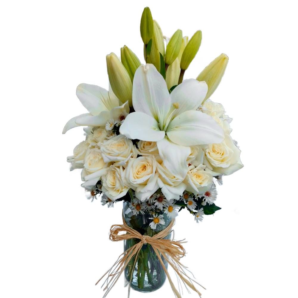 20 White Roses and Lilies in Glass Vase