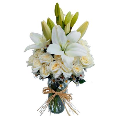 20 White Roses and Lilies in Glass Vase