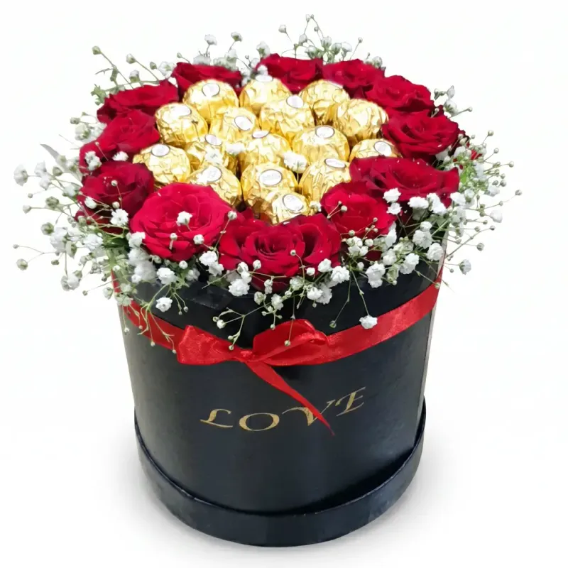 red roses and ferrero rocher in black box