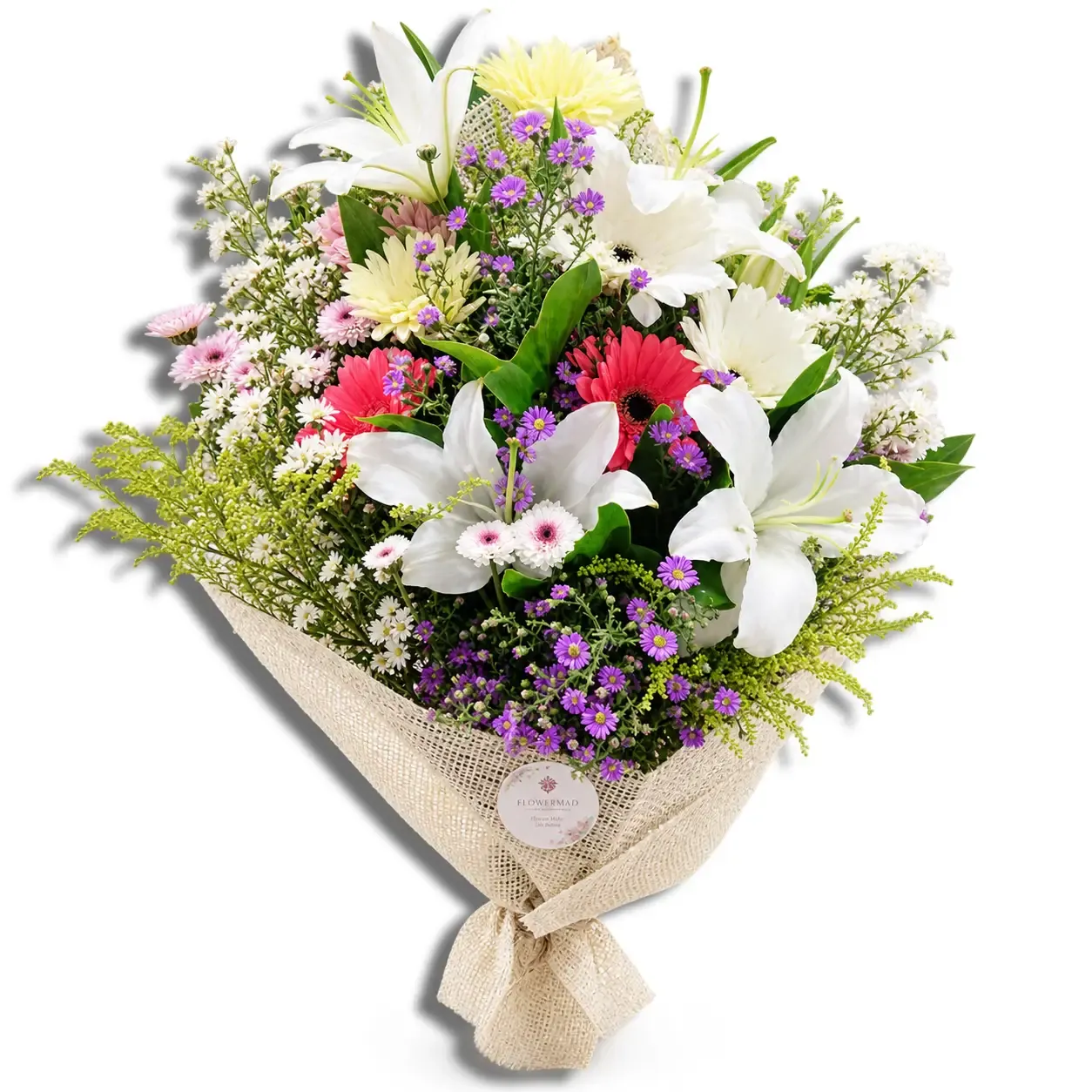 Lush Burlap-Wrapped Mixed Flower Bouquet