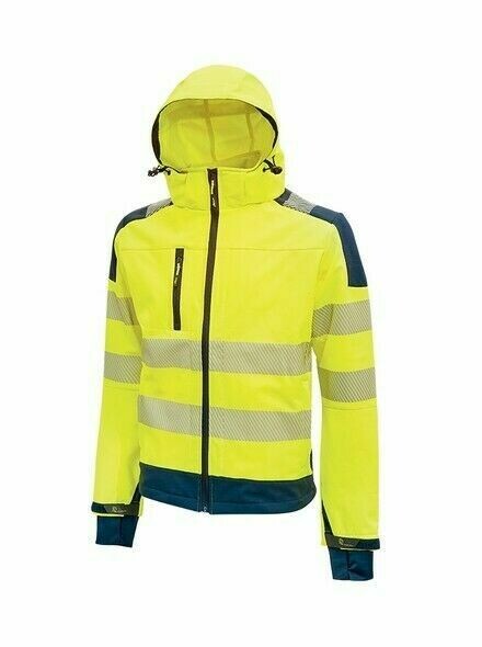 U-POWER GIACCA LAVORO INVERNALE con PILE INTERNO modello MIKY – Inserti Riflettenti REFLEX – SOFT-SHELL – con CAPPUCCIO – Colore Giallo Fluo HL169YF