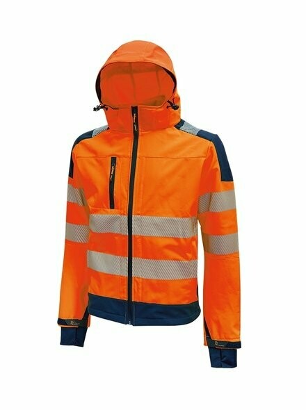 U-POWER GIACCA LAVORO INVERNALE con PILE INTERNO modello MIKY – Inserti Riflettenti REFLEX – SOFT-SHELL – con CAPPUCCIO – ORANGE FLUO HL169OF