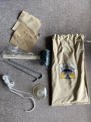 Accessories Bag including a mallet, a pin, a peg, a guy rope, a rubber for centre pole, a groundsheet patch and a canvas patch