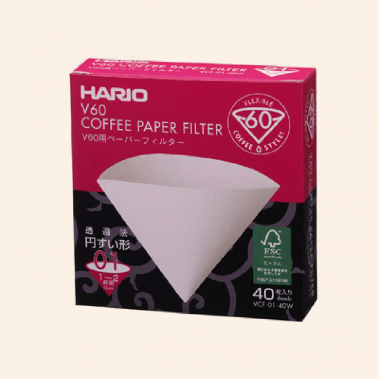 Hario V60 Papier filter wit /40 Hario V60 Papier filter wit /40, Kies grootte: 01