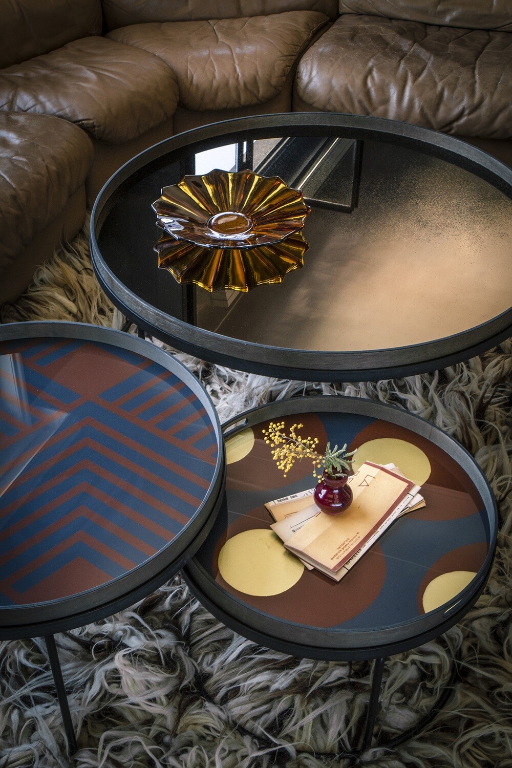 (Sale) Tablett rund, 61cm - Glas, Midnight Chevron Tray