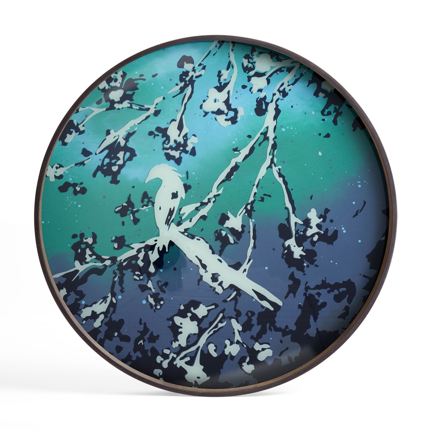 (Sale) Tablett rund, 61cm - Glas, Birds of Paradise