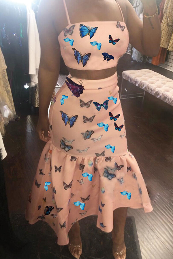 Butterfly Print 2PC Skirt Set - PINK