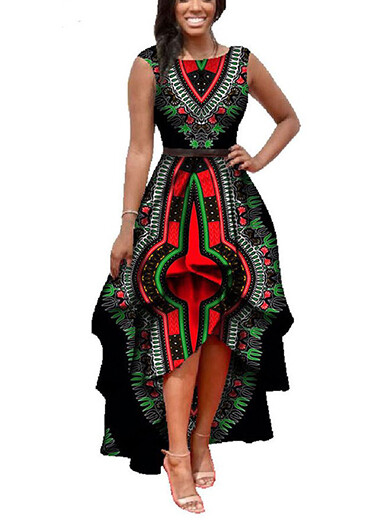 African Print high Low Dress - BLACK