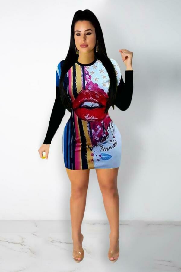 Lip Abstract Graphic Long Sleeve Dress