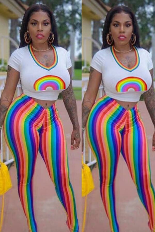 Rainbow Graphic ans Stripe 2PC Pants Set