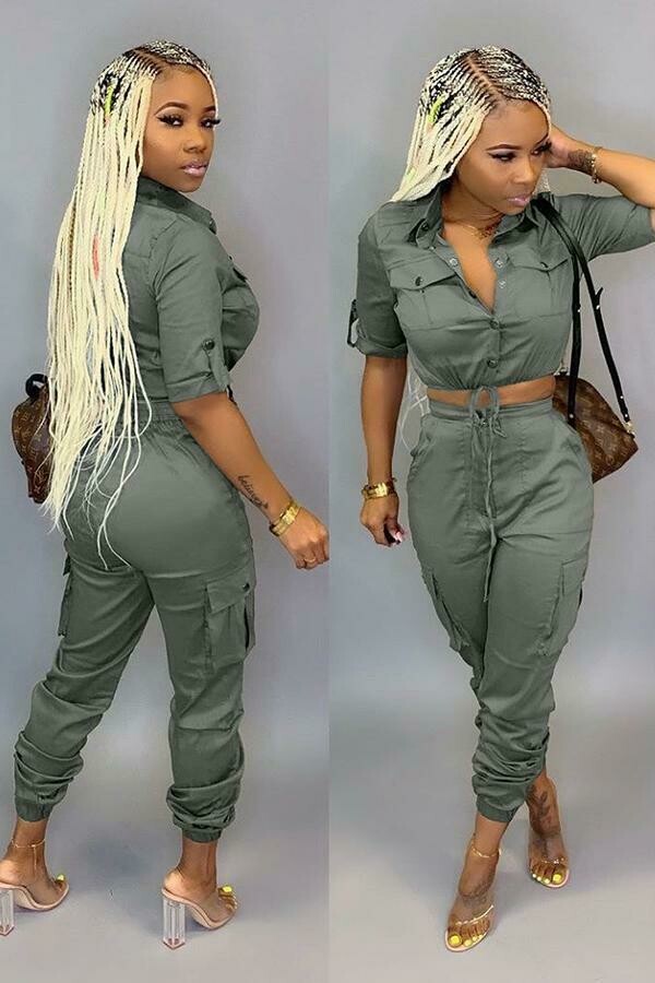 Short Sleve Button Down Drawstring 2PC Cargo Style Pants Set - Army Green