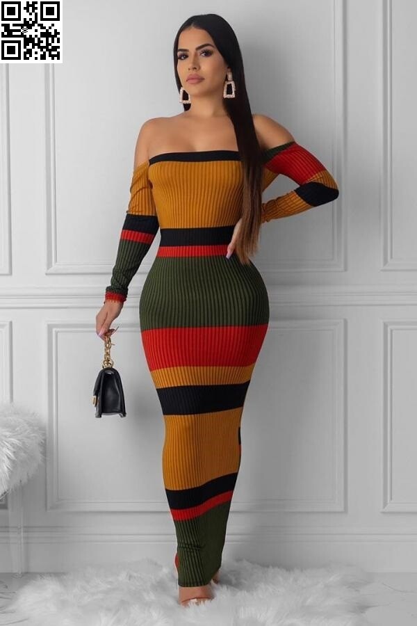 Long Sleeve Stripe Open Back Maxi Dress
