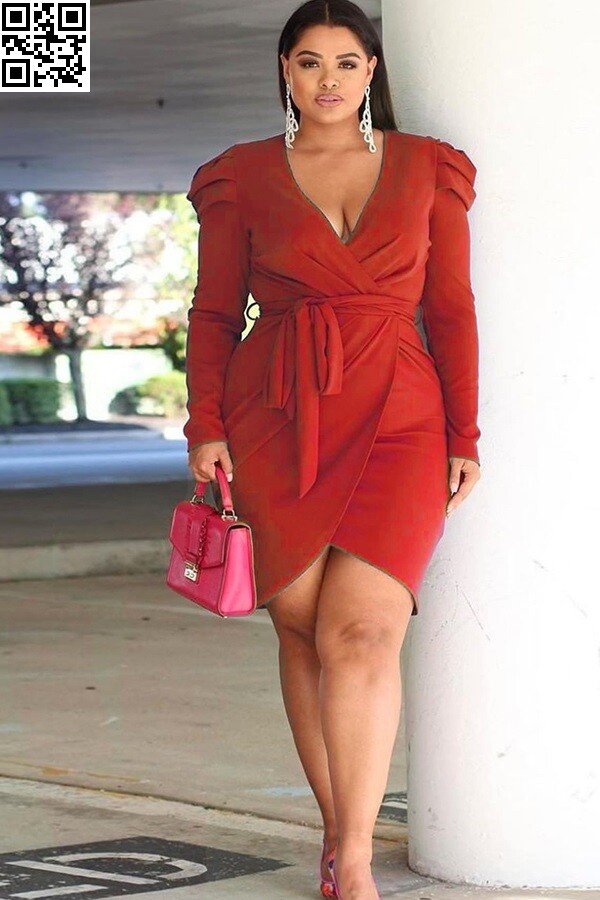 Long Sleeve Wrap Skirt Dress - Plus Size Red