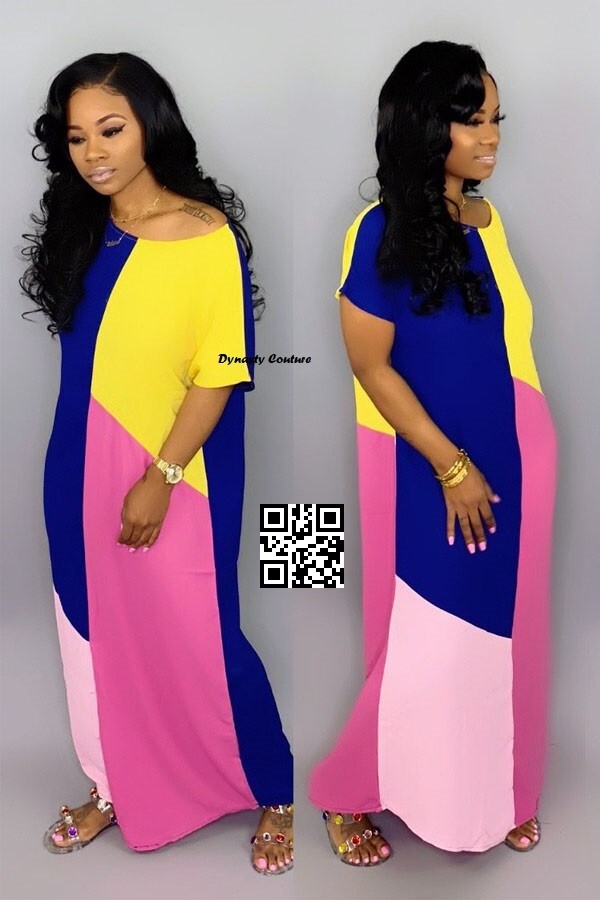 Asymmetrical Colored Patch Print Maxi Dress