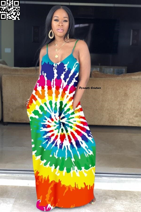 Rainbow Tie Dye Pattern Thin Strap Dress