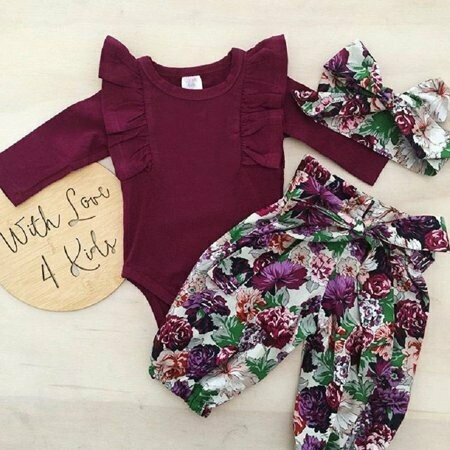 3PC Long Sleeve Solid and Floral Baby Girl Set