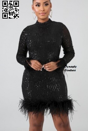 Long Sleeve Sequins Feather Detail Dress