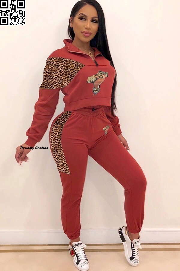 Long Sleeve Hand Of Money Graphic Animal Patch 2PC Pants Set