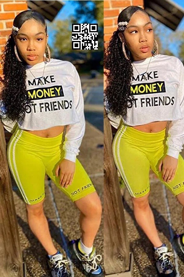 Make Money Not Friends Long Sleeve Shorts Suit - 2PC Set Yellow