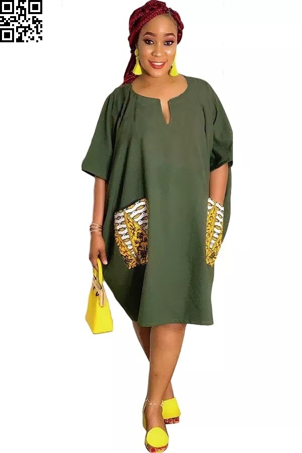 O Neck Loose Patch Pocket Casual Dress - Green