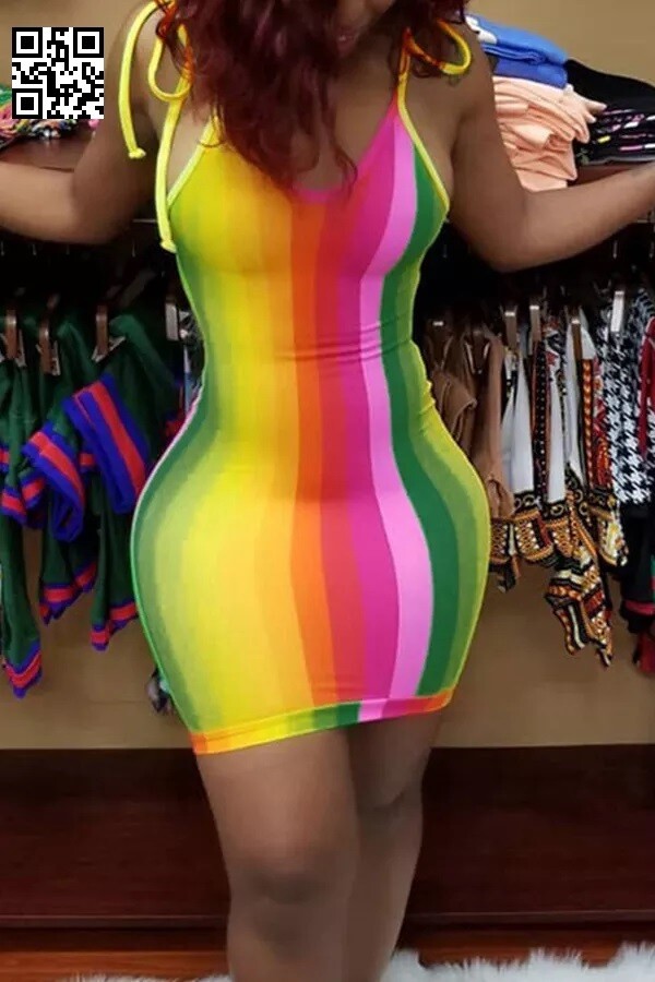 Colorful Stripe Shoulder Tie Mini Dress
