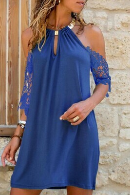 Cold Shoulder Lace Sleeve Necklace Neckline Dress