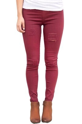 Distressed Front Stretch Denim Jeans - Burgandy