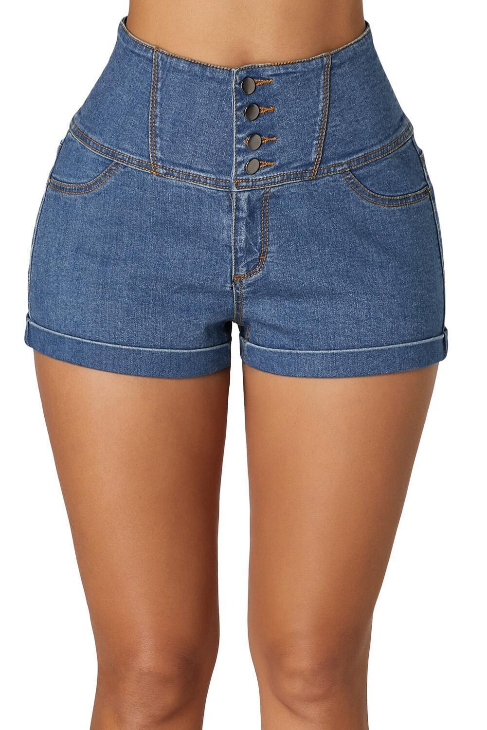 Buttoned High Waist Shorts - Blue