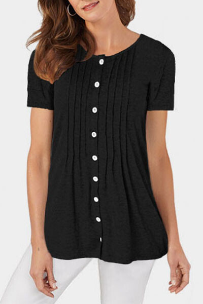 Short Sleeve Pleated Chest Casual Top - Black