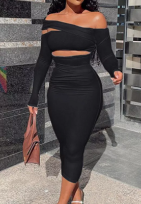 Hollowed Out Off Shoulder Off Sleeve Dress - Black