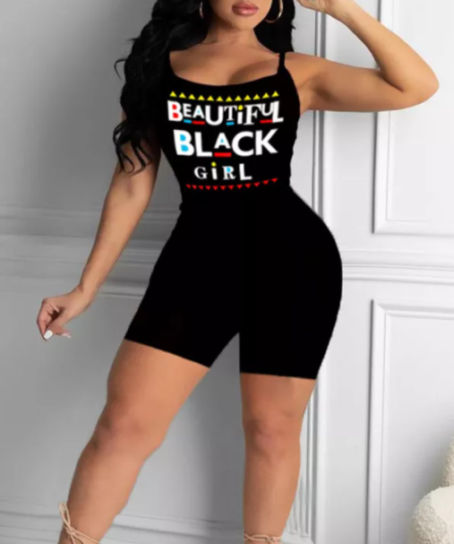 Beautiful Black Girl Thin Strap Romper - Black