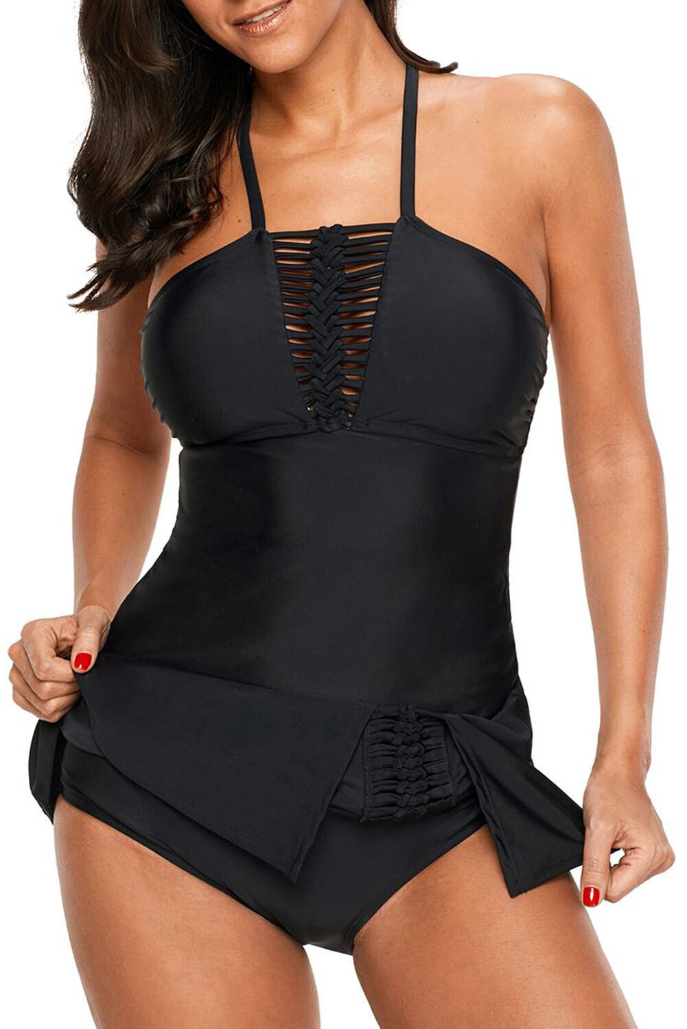 Braided Design Tankini Swimsuit Set - Black