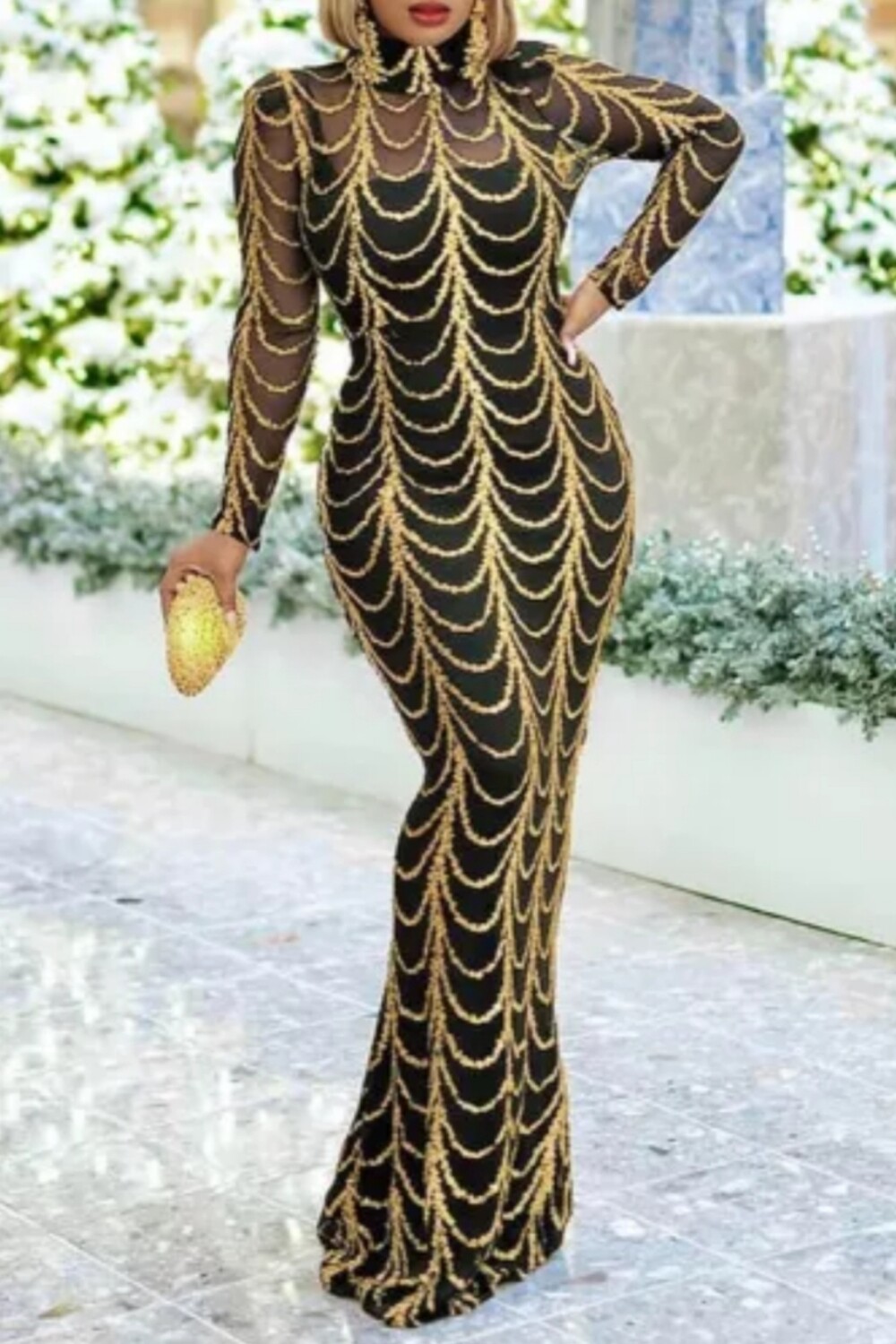Cleo Long Sleeve Gold Draped Dress