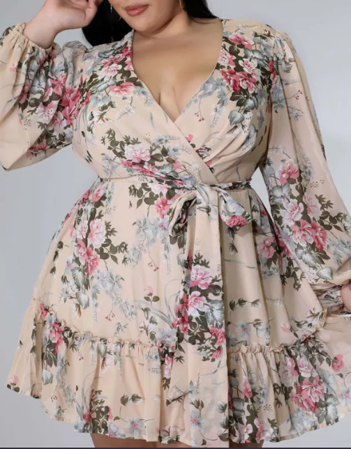 Floral Long Sleeve Ruffle Dress - Plus Size