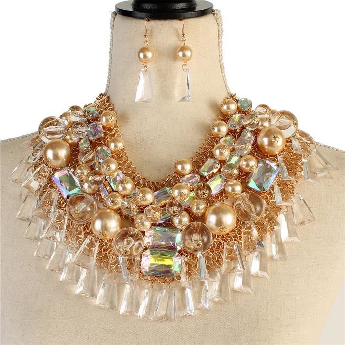 Pearl with Stone Bib Necklace Set