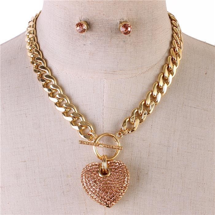 Heart Pendant Rhinestone Necklace Set