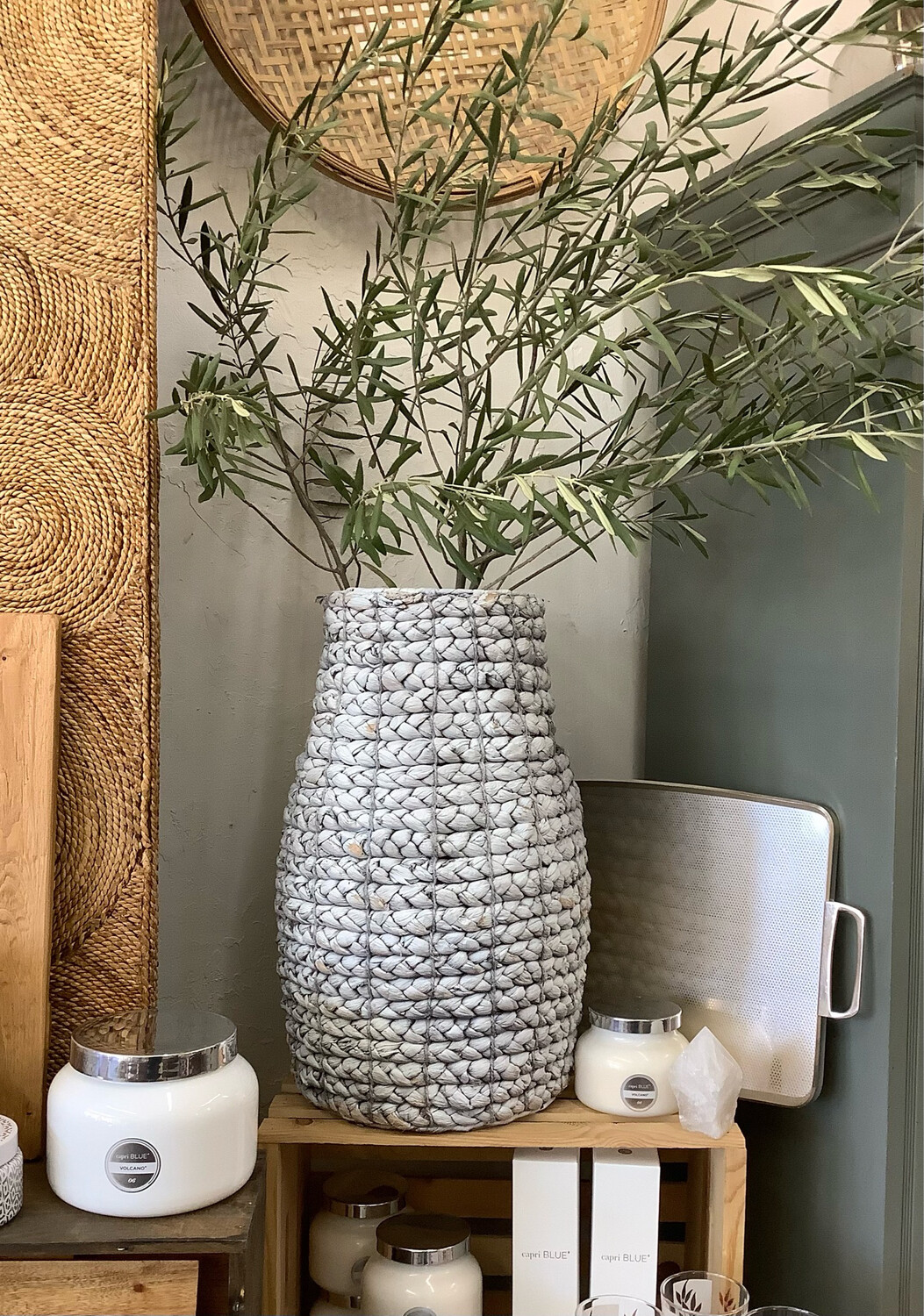 Vintage White Braided Basket/Vase