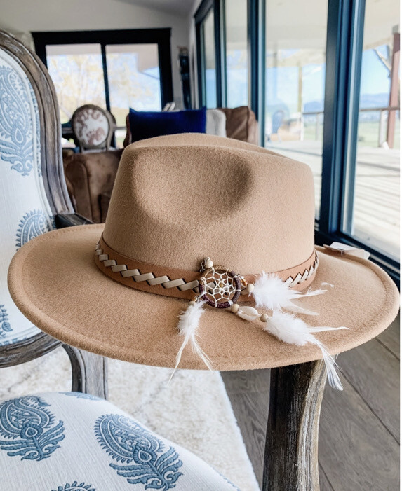 Tan Dreamcatcher Braided Band Fedora Hat