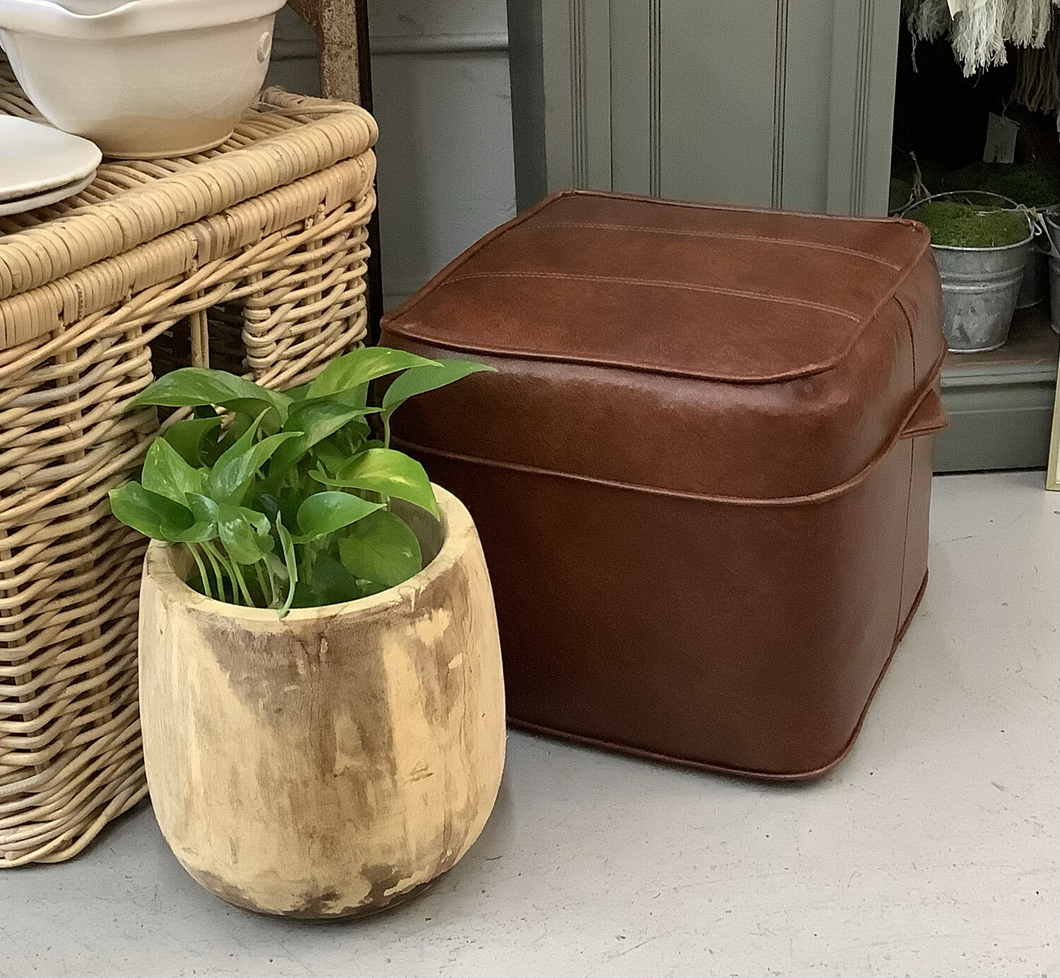 Vintage Faux Leather Cube Stool