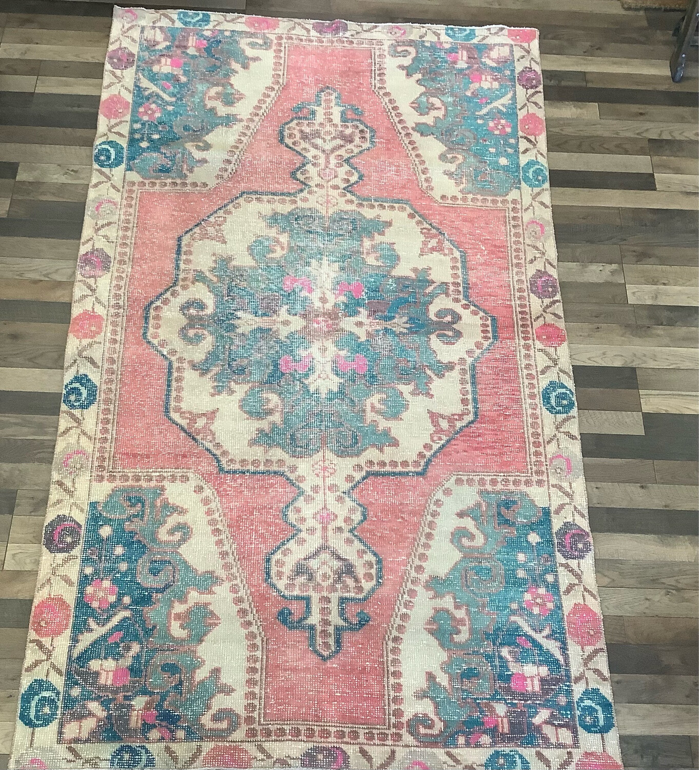 Vintage Turkish Coral/Aqua Rug (7’2” x 4’3”)