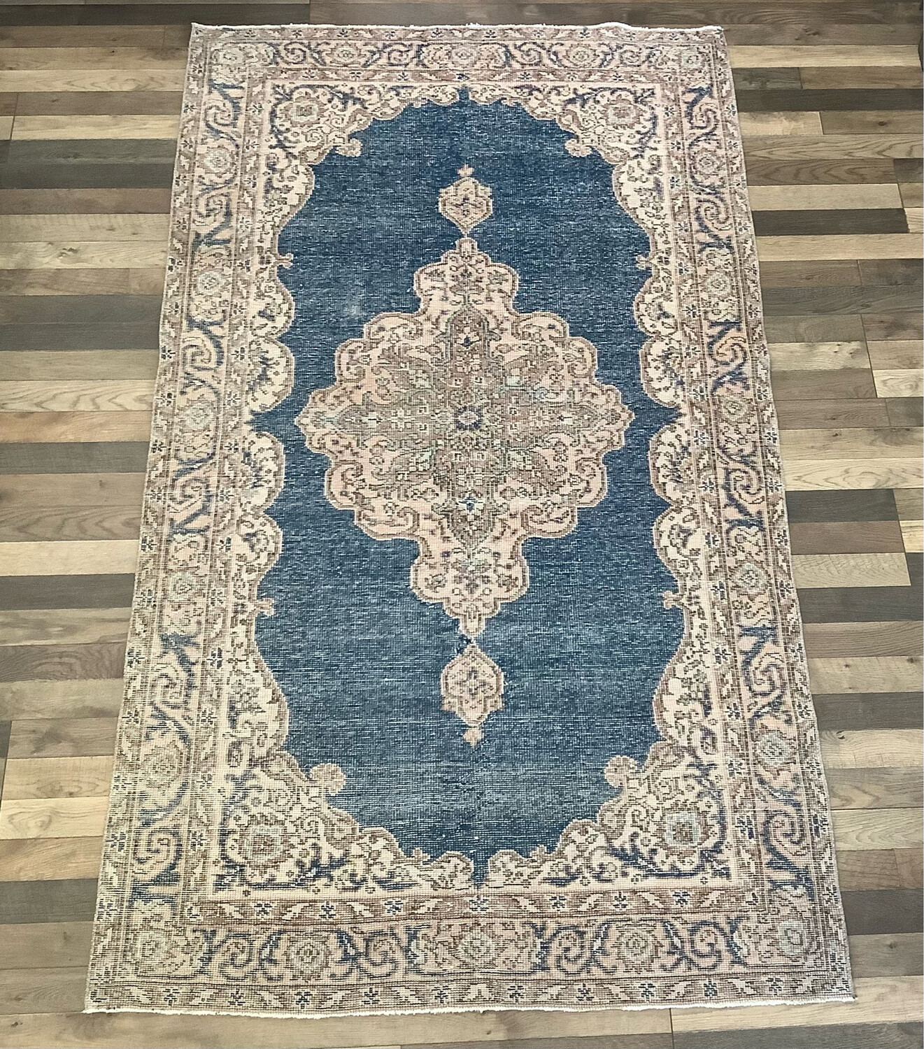 Vintage Turkish Indigo/Tan Rug (6’8” x 3’9”)