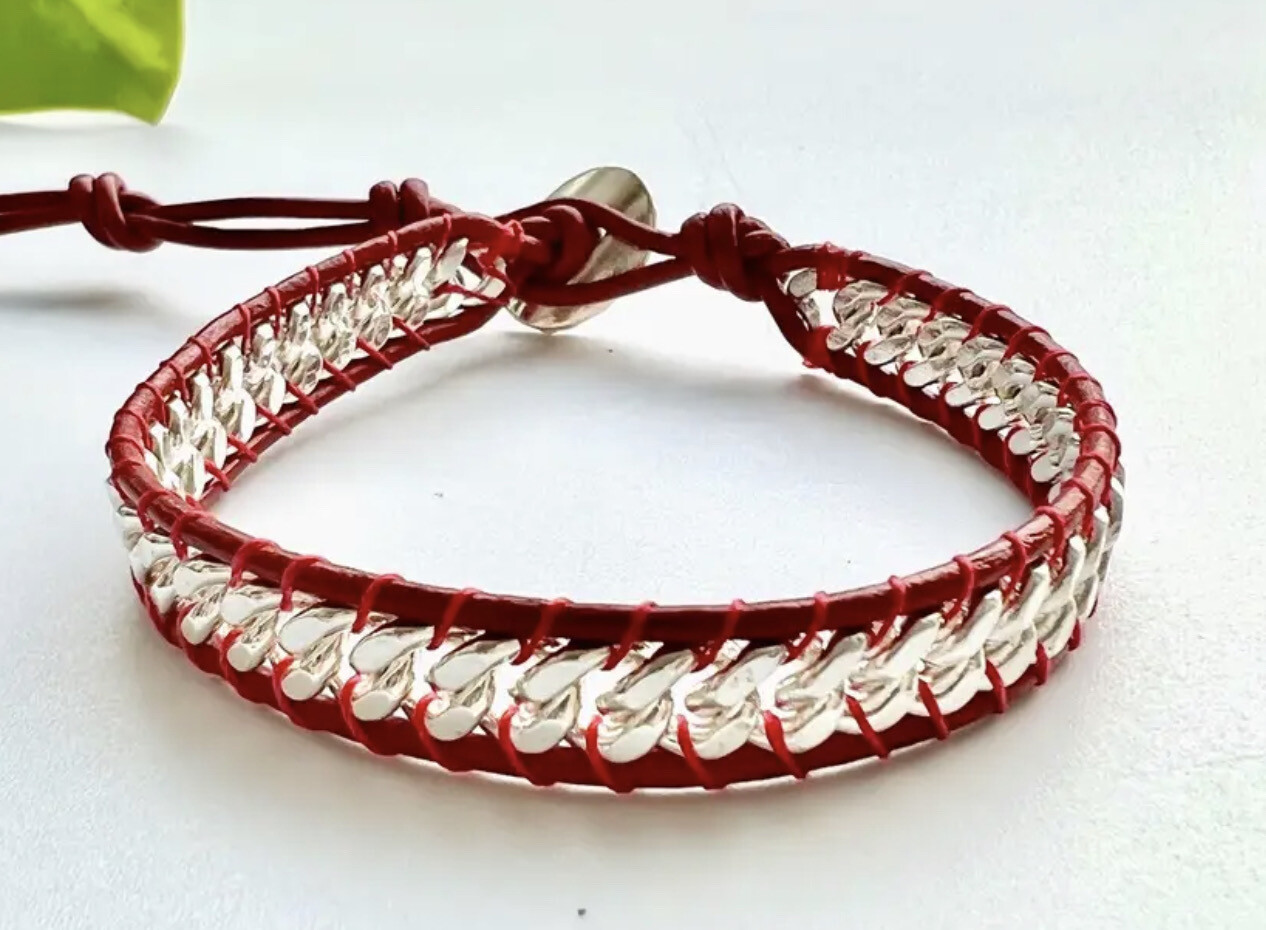 Chain &amp; Colored Cord Bracelets (5 Colors), Color: Red