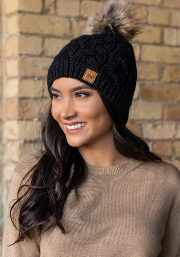 Cable Knit Pom Hats (2 Colors), Color: Black