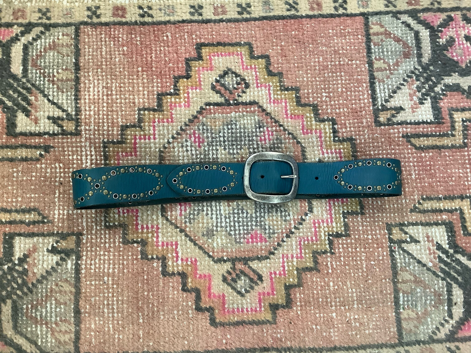 Vintage Linea Pelle Blue Stud Trim Leather Belt