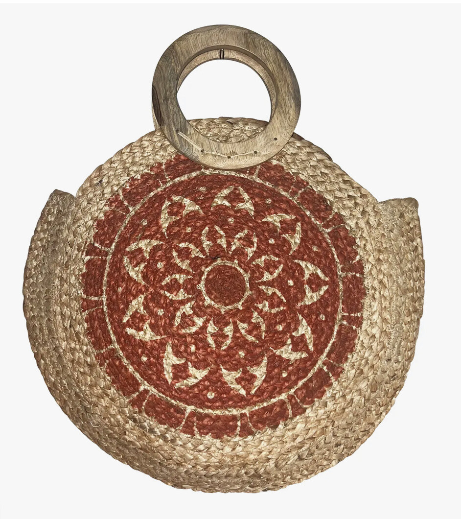 Red Floral Wooden Handle Round Jute Tote