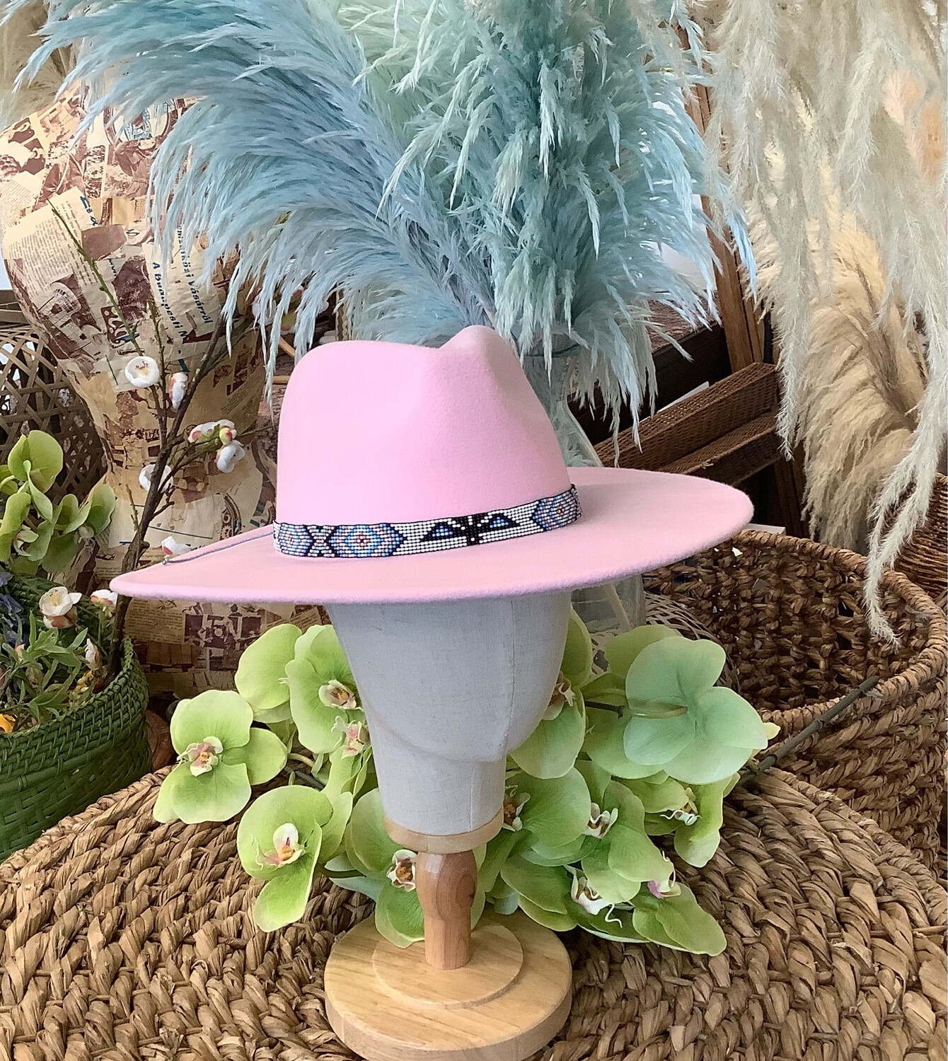 Blush Beaded Band Wide Brim Hat
