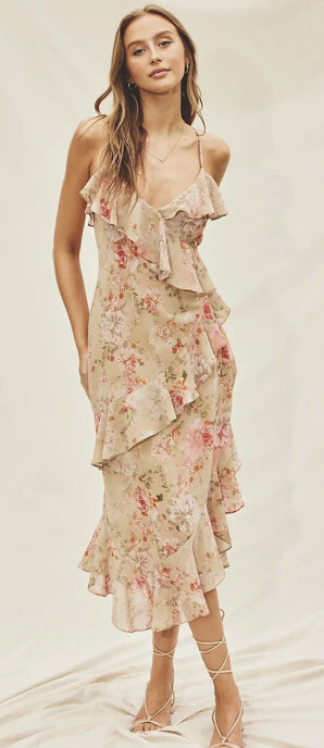 Tan Floral Flowy Tiered Maxi Dress