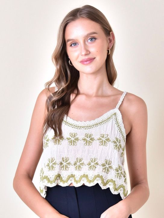 Green/Cream Floral Knit Scalloped Top