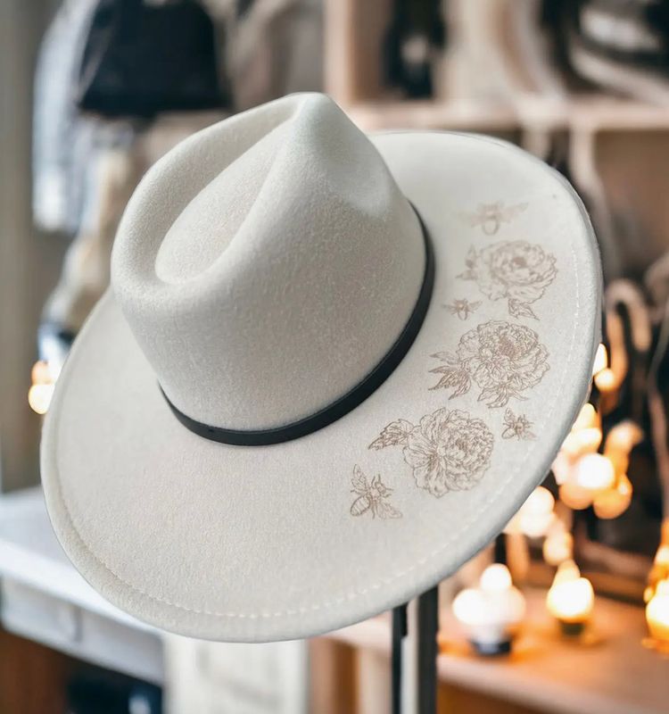 Beige Floral Bee Burnt Western Hat